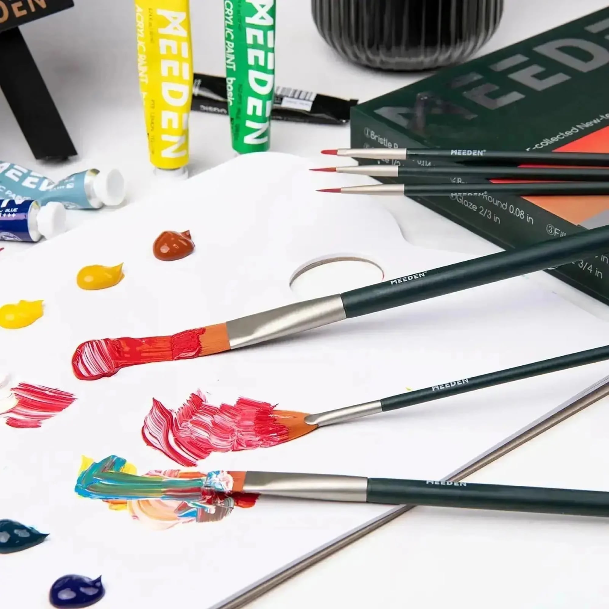 MEEDEN: Acrylic Paint Brushes Set - 10 Piece Variety - Flat, Fan, Angle & Detail Professional Brushes, Nylon Bristles, Natural Wood, Ergonomic Shaped