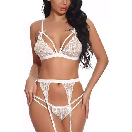 

EHTMSAK Teddy Lace Lingerie Set for Women Sexy Lingerie Babydoll Bra and Panty Sets with Garter White XL
