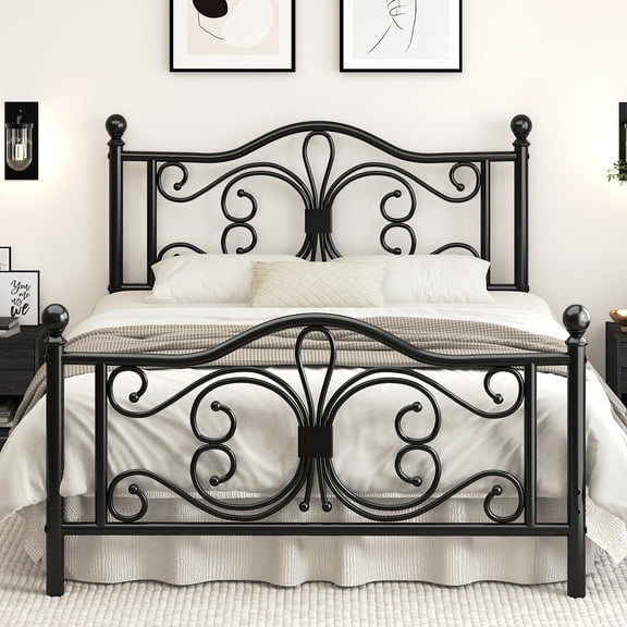 E-motie Metal Platform Bed Frame Full Size with Butterfly Pattern Vintage Headboard & Footboard, Underbed Storage, Black