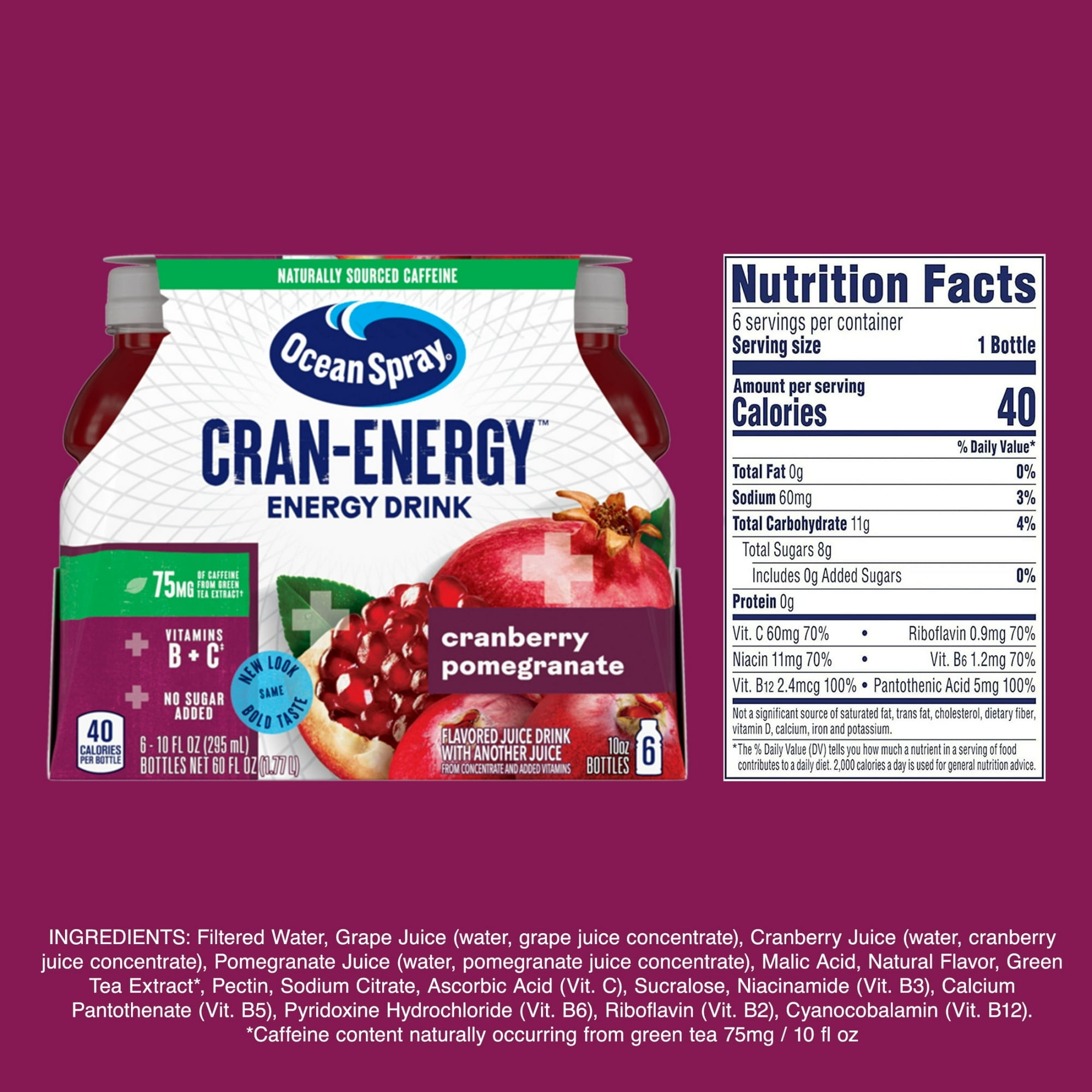 (2 pack) Ocean Spray® Cran-Energy™ Cranberry Pomegranate Juice Drinks, 10 fl oz Bottles, 6 Count