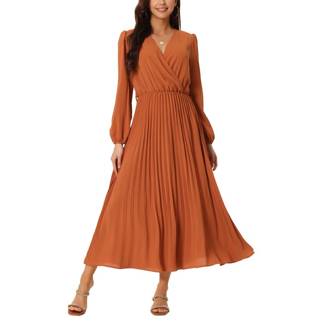 INSPIRE CHIC Robe Plissée pour Femme Manches Longues Bouffantes Col en V Robe avec Ceinture à la Taille TG Rouge Brique