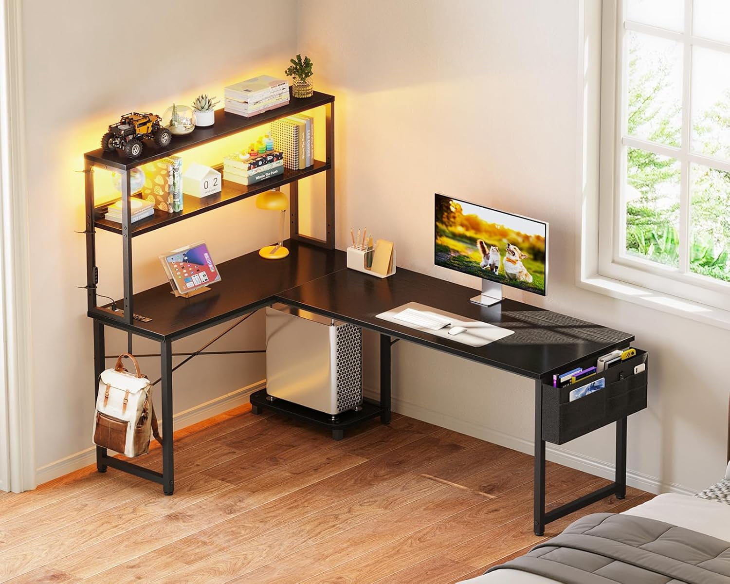 61 Inch L Shaped Desk with LED Lighting, Reversible Gaming Desk with Power Outlets, Cornor Computer Table with Storage Shelves & Bag & Iron Hook, Home Office Table for Writing, Study, Black