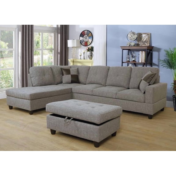 Ainehome 3 PCS Living Room Set, Sectional Sofa Set, Sectional Sofa in Home, with Storage Ottoman and Matching Pillows (Left Hand Facing, Grey)