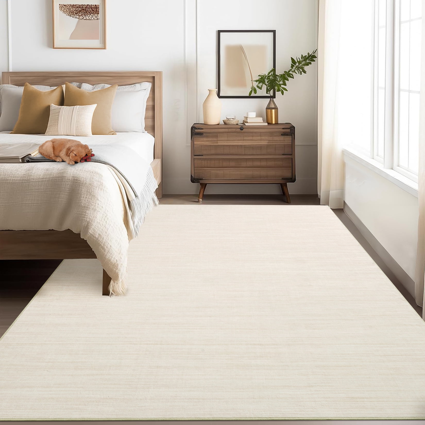 Garvee 5'x7' Modern Solid Color Area Rug with Non Slip TPR Backing, Washable Rugs Low Pile Non Shedding Indoor Carpet for Living Room Bedroom Home Office, Beige