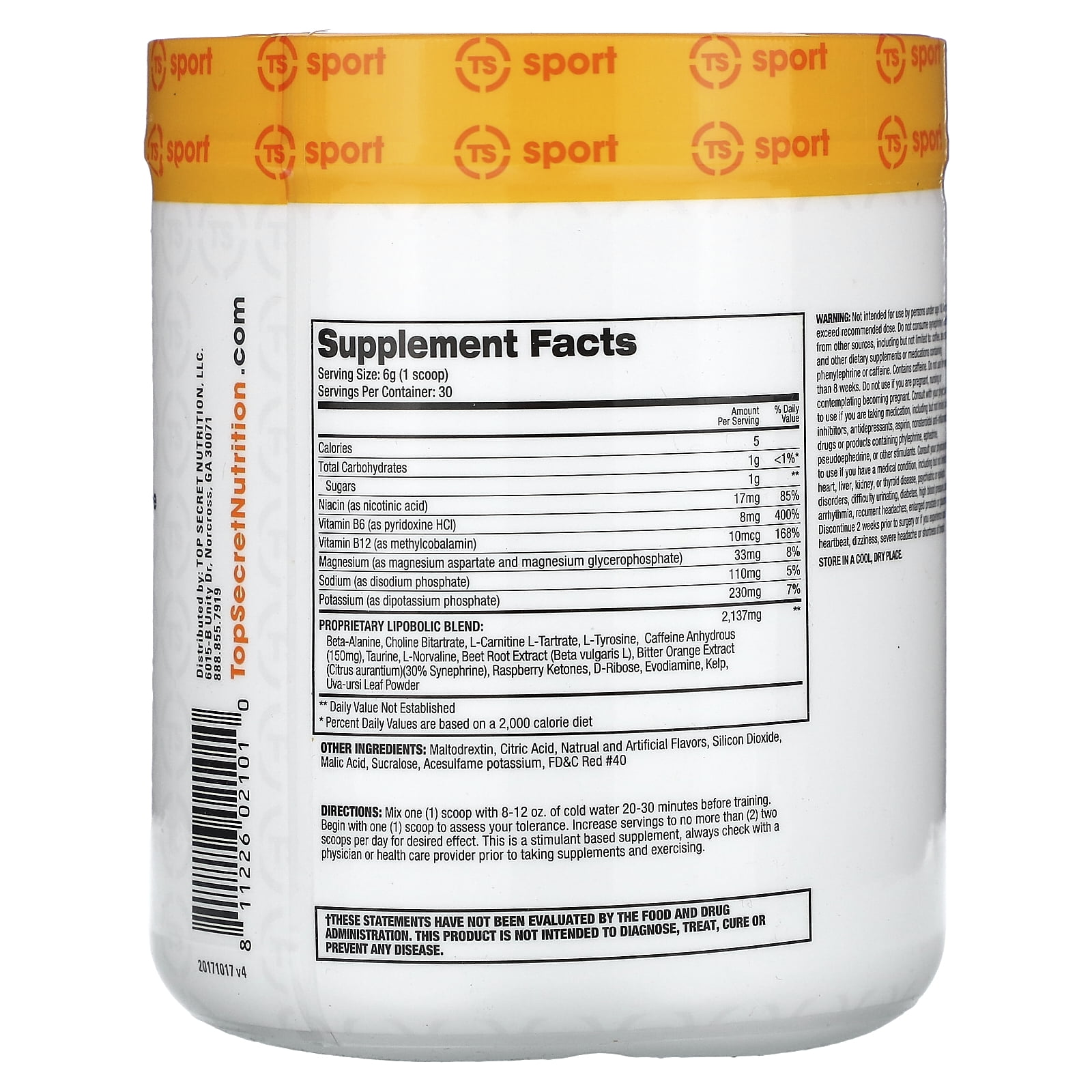 Top Secret Nutrition Cardio Igniter Pre-Workout Energy Drink Powder, Fruit  Punch, 6.35 Oz