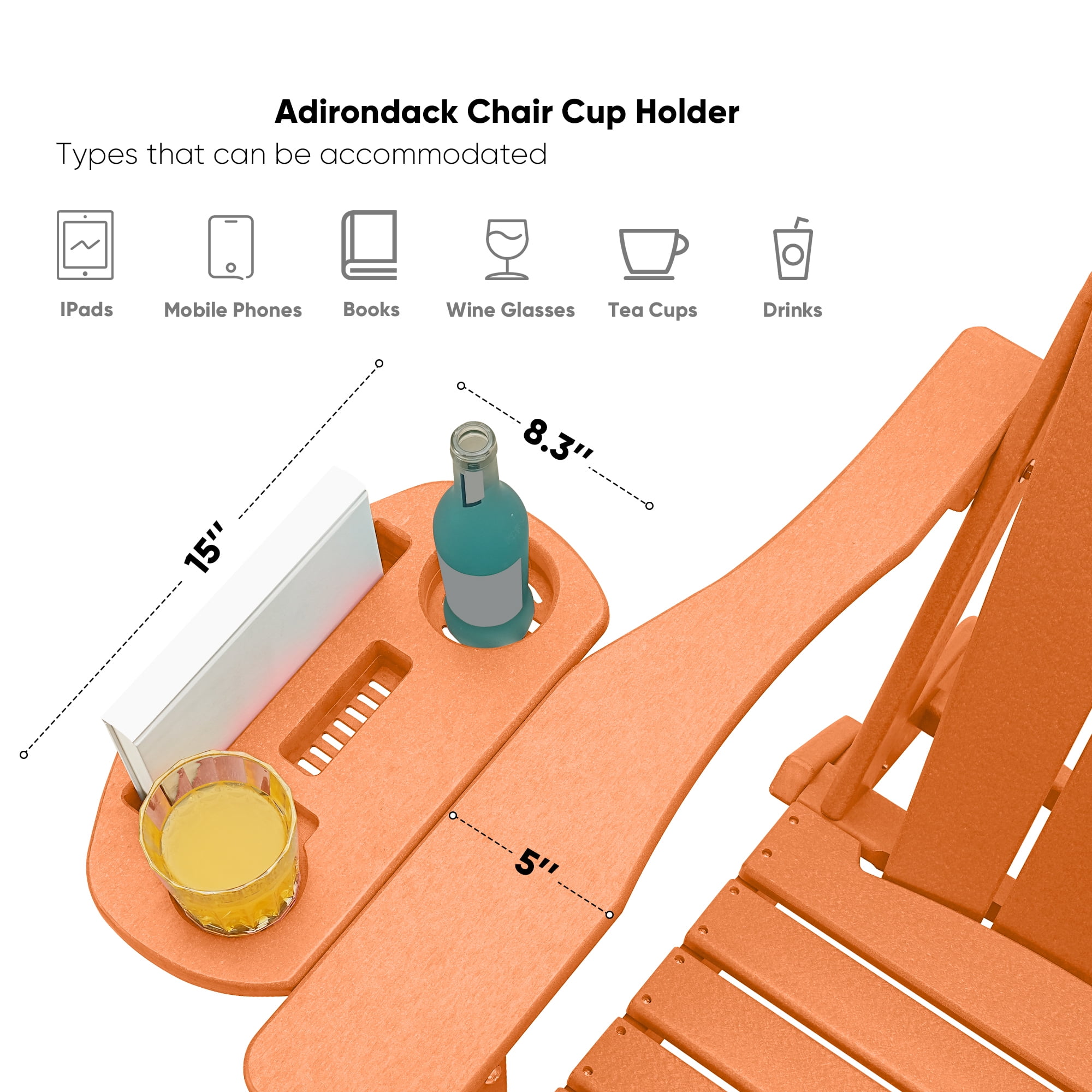 Folding HDPE Adirondack Chair with 4 in 1 Cup Holder Tray Plastic Adirondack Chairs Weather Resistant Lawn Outdoor Firepit Chairs, Orange