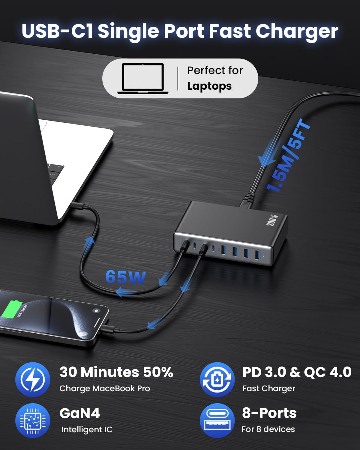 200W USB-C Charging Block, GaN IV 8-Port Charging Station, QC4.0 Fast Charging Station Hub+PD 65W USB C Laptop Charging Adapter, Compatible with MacBook Air/Pro, Dell, iPhone 17/16/15, iPad