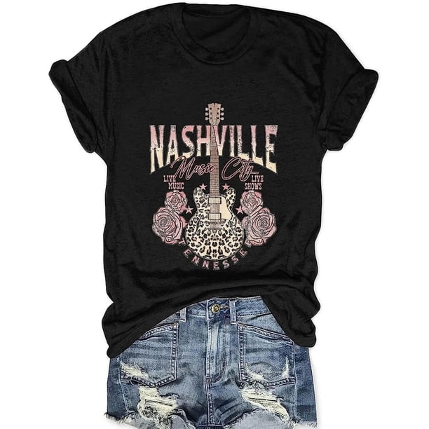 Playera Vintage de Mujer con Gráfico de Banda de Rock y Música Country, Divertida, Manga Corta para Vacaciones, Negra, Talla Grande