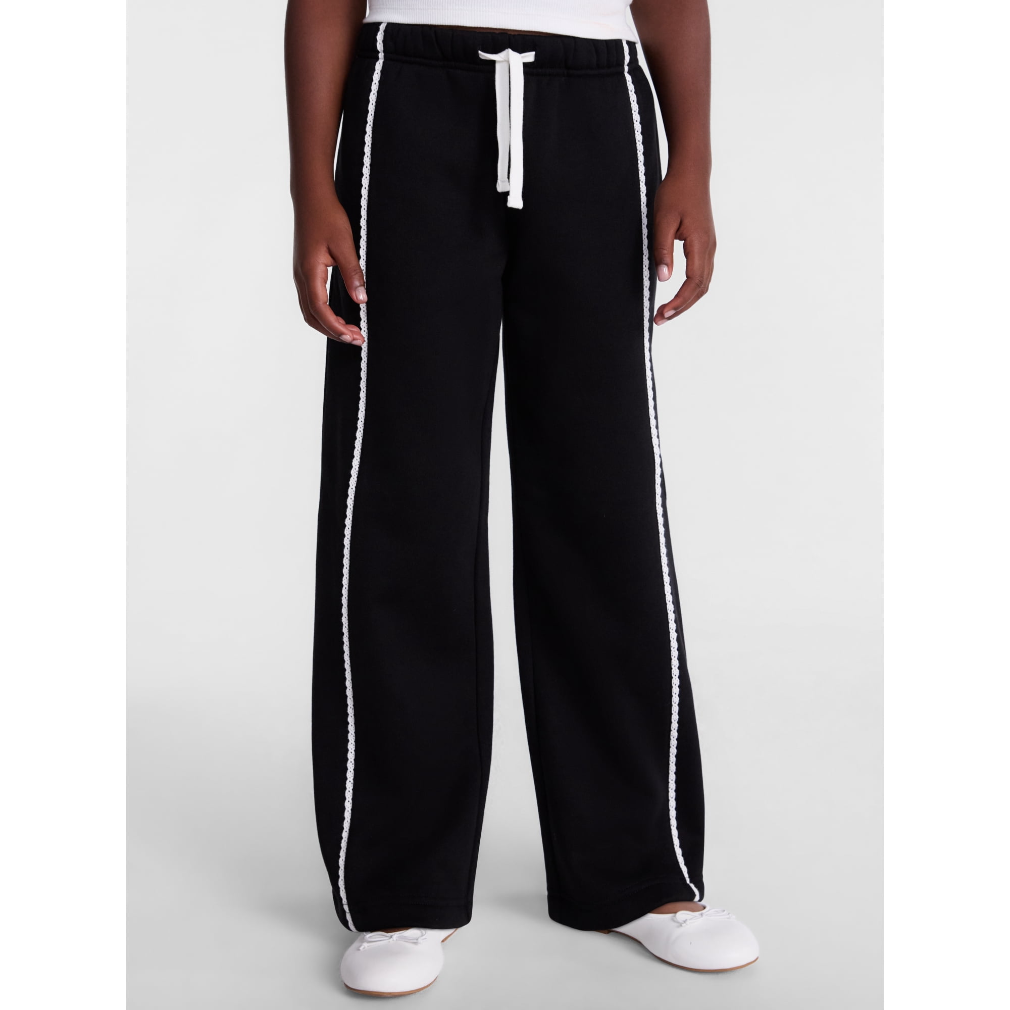 Wonder Nation Girls Wide Leg Sweatpants with Crochet Trim, Sizes 4-18 & Plus