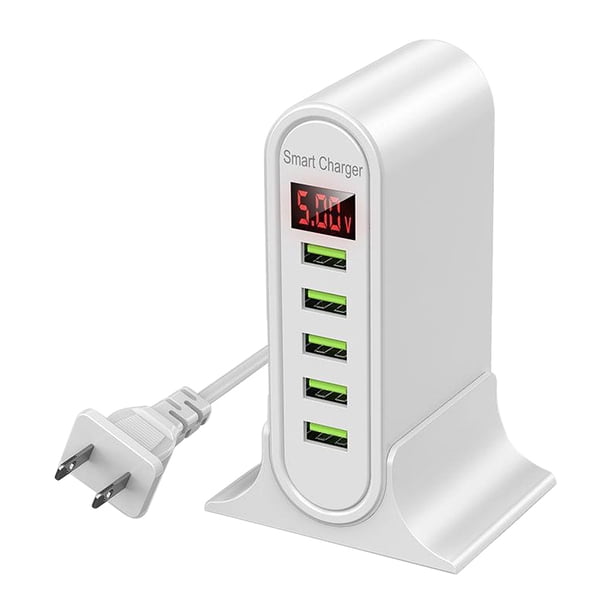 Cargador de teléfono 5 puertos USB 5V 4A Adaptador de carga Estación de carga portátil digital, blanco, enchufe de EE. UU. Sweethay EL001272-04