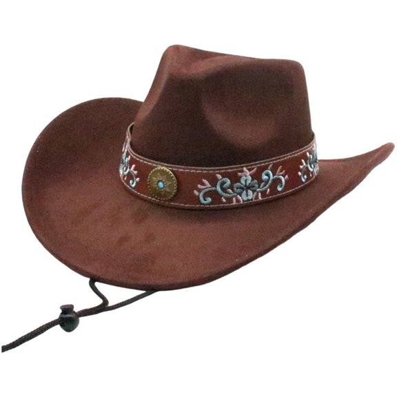 Slccxzc Ethnic Style Cowboy Hat Wide Brim Western Jazz Cap Chin Strap Sun Protection Outdoor Travel Hat Brown