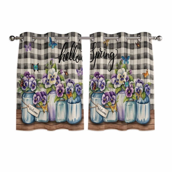 Hello Spring Kitchen Curtains Window Panels, Pastoral Purple Bottle Floral Black White Plaid Insulated Window Treatment Curtain, Grommet Curtains for Bedroom/Living Room/Bathroom, 2 Piece 42"Wx45"L