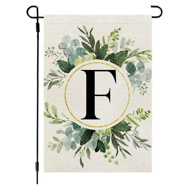 Garden Flags for Outside,Welcome Garden Flag Ins Style, 26 Letters+Green Plant Printing, Flax Garden Flag, First Letter of Surname, Hanging Flag at the Gate of Courtyard Spring Garden Flag