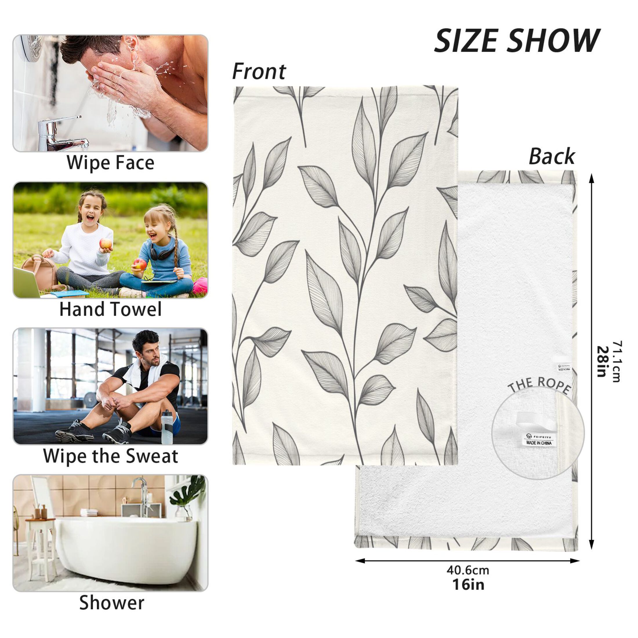 Cotton Towel Two-Piece 16x28 Inch One Sizex2 Face Towel Set Towel Set Cotton Hand Bath Towel Bathroom Beach Pretty Grey Leaves