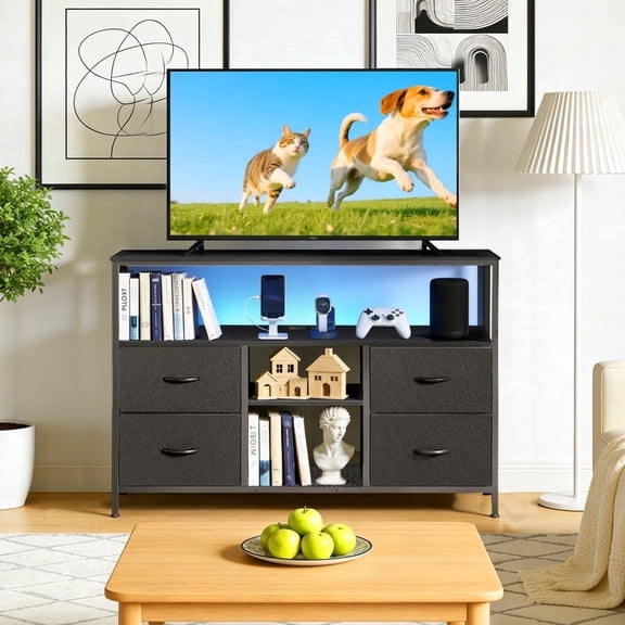 Nextay Smart LED TV Stand with Charging Station & 4 Drawers – Fits 50 Inch TV, Adjustable Feet, Modern Media Console for Living Room & Bedroom, Black