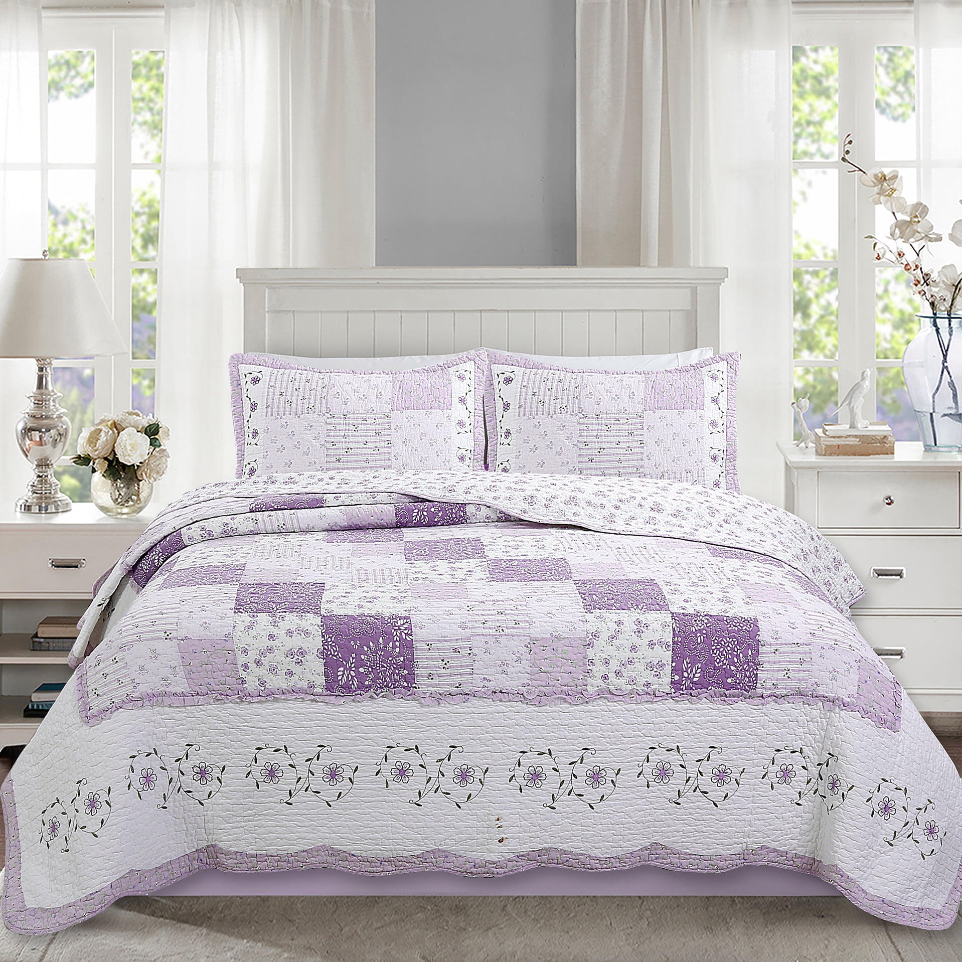 Cozy Line Home Fashions Patchwork Cotton Reversible Quilt Sets, Queen, 3-Pieces