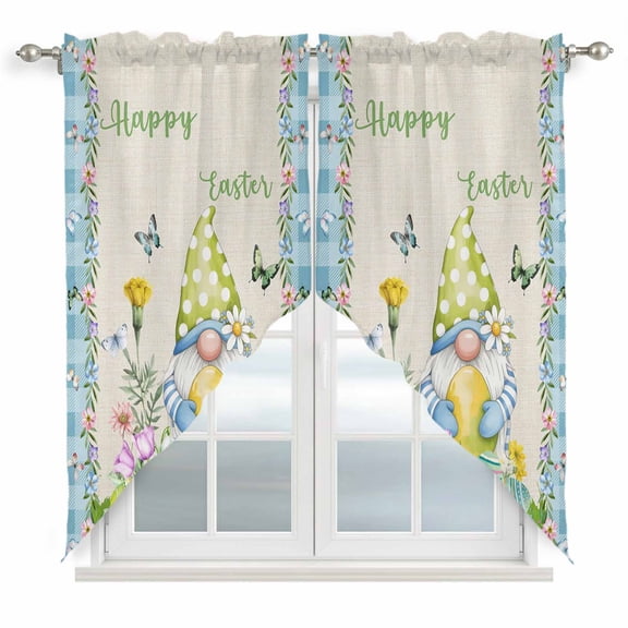 Easter Swag Curtains for Kitchen/Bedroom/Living Room, Gnomes Colorful Eggs Butterfly Flowers Blue Check Scalloped Curtains 63 Inch Long, Window Swag Topper Curtains Valances 2 Panels Set 36"x63"