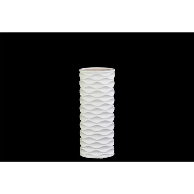 Benzara BM182088 Cylindrical Ceramic Vase with Horizontally Embossed Wavy Pattern, White - Small