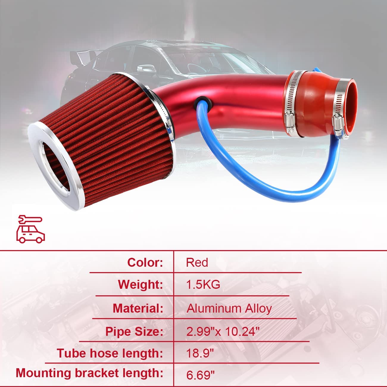 Universal Car Cool Air Intake Kit 3 Inch Diameter Pipe Aluminium Automotive Filter Induction Low Hose and Clamp Kits (Red)