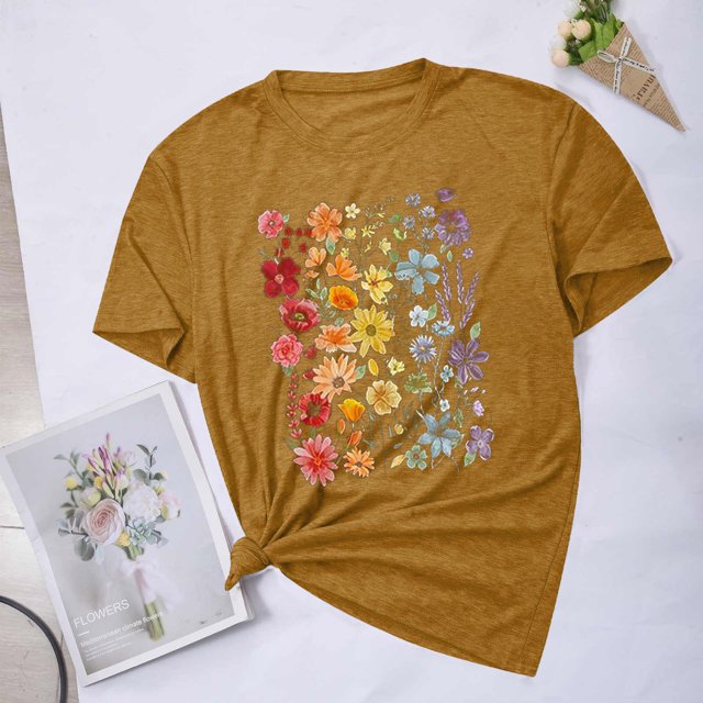 Fiudx Ofertas Del Día Blusas con Estampado de Flores Pequeñas para Mujer Top de Manga Corta con Cuello Redondo