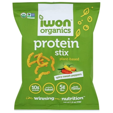 Iwon Organics Protein Stix, Spicy Sweet Peppers, Plant-Based, 10g Protein, 5g Fiber, Baked, Kosher, USDA Certified Organic, Gluten Free & Non-GMO, 1.5 Ounce (Pack of 8)