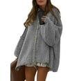 thumbnail image 3 of Women'S Winter Button Down Cardigan Sweaters Mock Neck Lantern Long Sleeve Chunky Knit Jacket Outerwear Grey M, 3 of 9