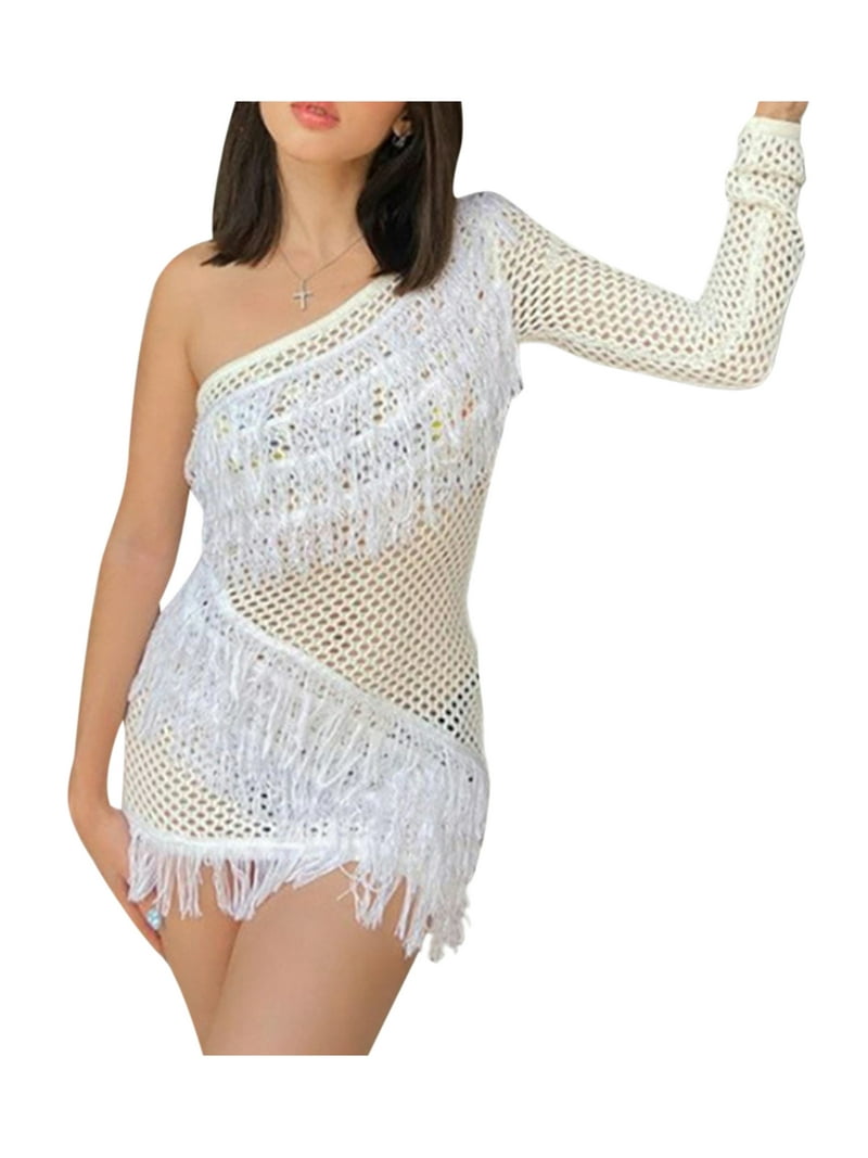 strapless open back dress Namma One Shoulder Applique Crochet Mini Dress