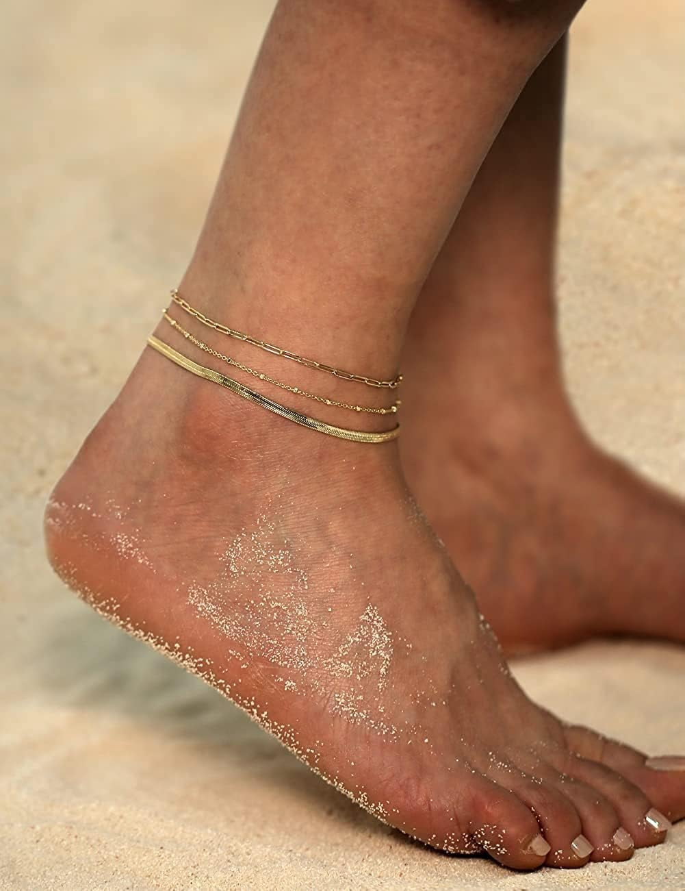 Gold Ankle Bracelets for Women Waterproof - Dainty 6Pcs 14K Gold Plated Anklets Layered Cuban Link Chain Herringbone Cute Anklets Set Pack Summer Beach Jewelry Gift for Women Teen