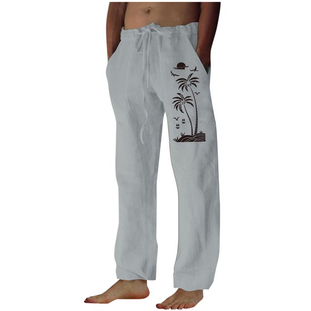 Penkiiy Mens Linen Drawstring Pants Elastic Waist Lightweight Trouser Loose Plus Size Trouser Fashion Beach Pockets Pant 2XL Gray