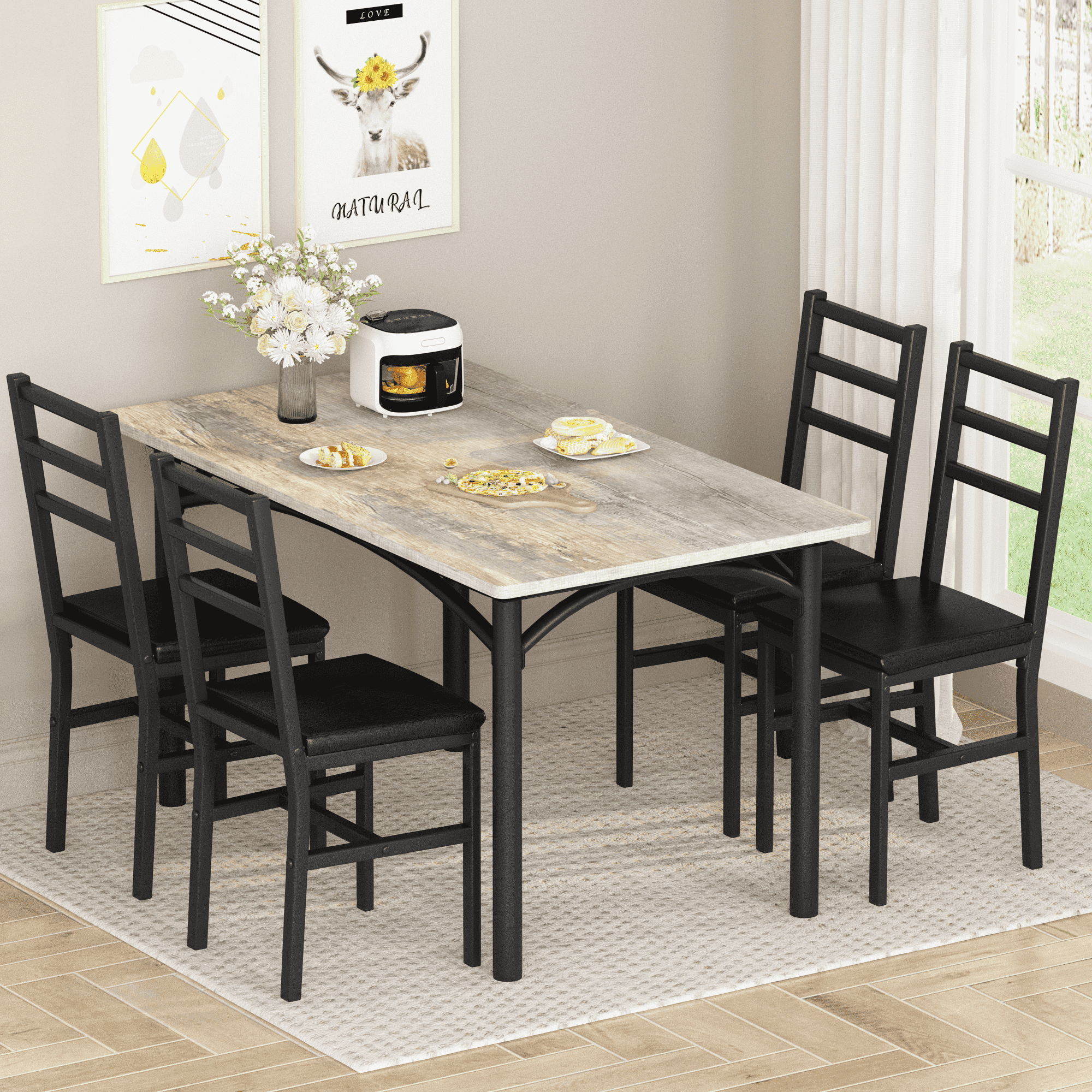 baxluxe 4-Person Dining Set, Farmhouse Kitchen Table and Chair Set, Solid Wood Dining Table with 4 PU Upholstered Chairs, Suitable for Kitchens, Apartments, Dining Rooms, Farmhouse Gray