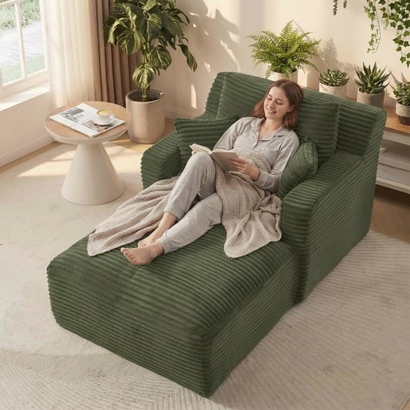 Kosynda 65"D Oversized Chaise Lounge Chair Indoor, Corduroy Upholstered Boneless Sofa Bed with 3 Pillows for Living Room, Green