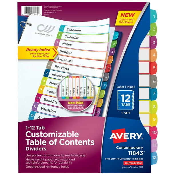 Avery Ready Index 12 Tab Dividers, Customizable TOC, 1 Set (11194)