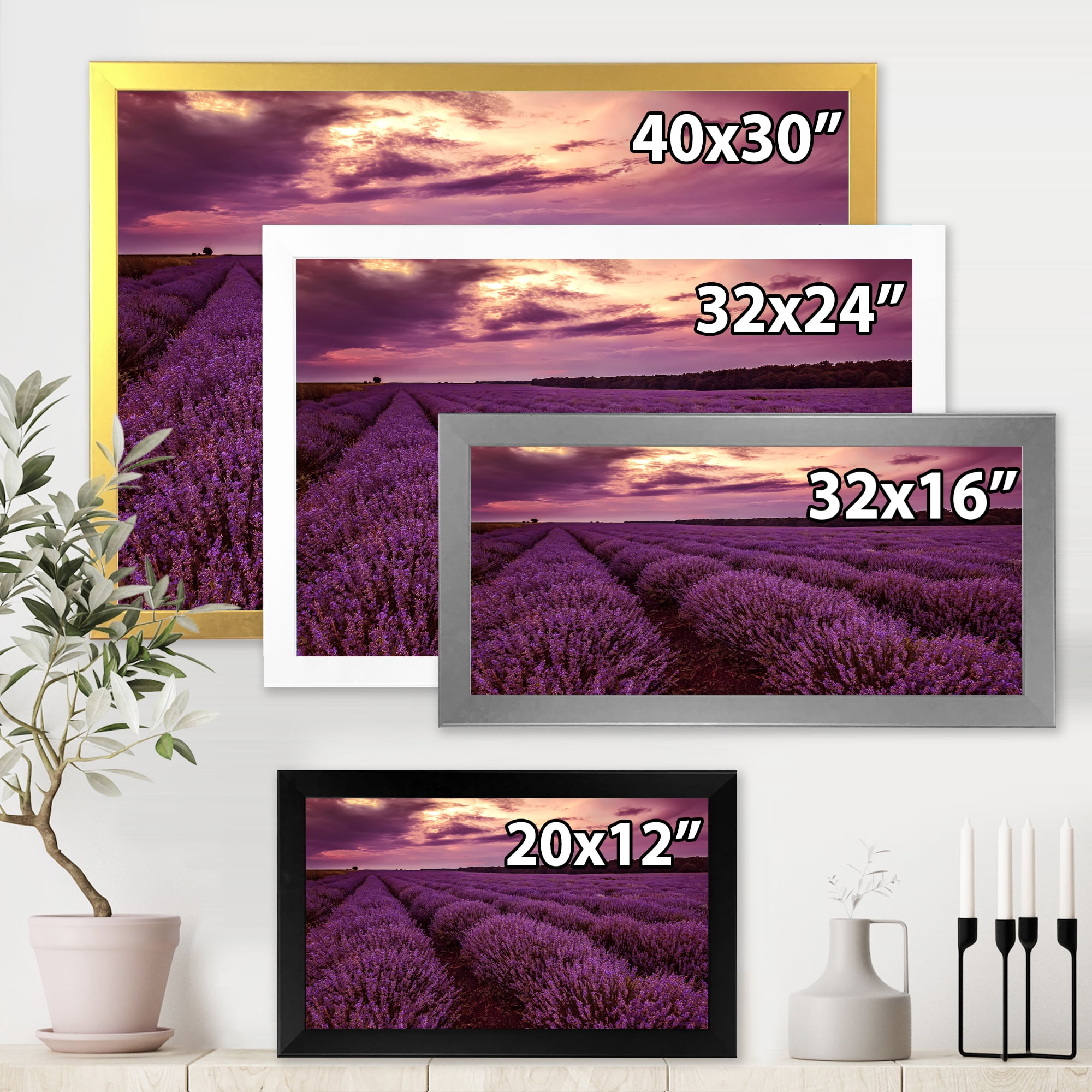 Designart 'Dramatic Clouds and Sunrise Over Lavender Field III' Farmhouse Framed Art Print