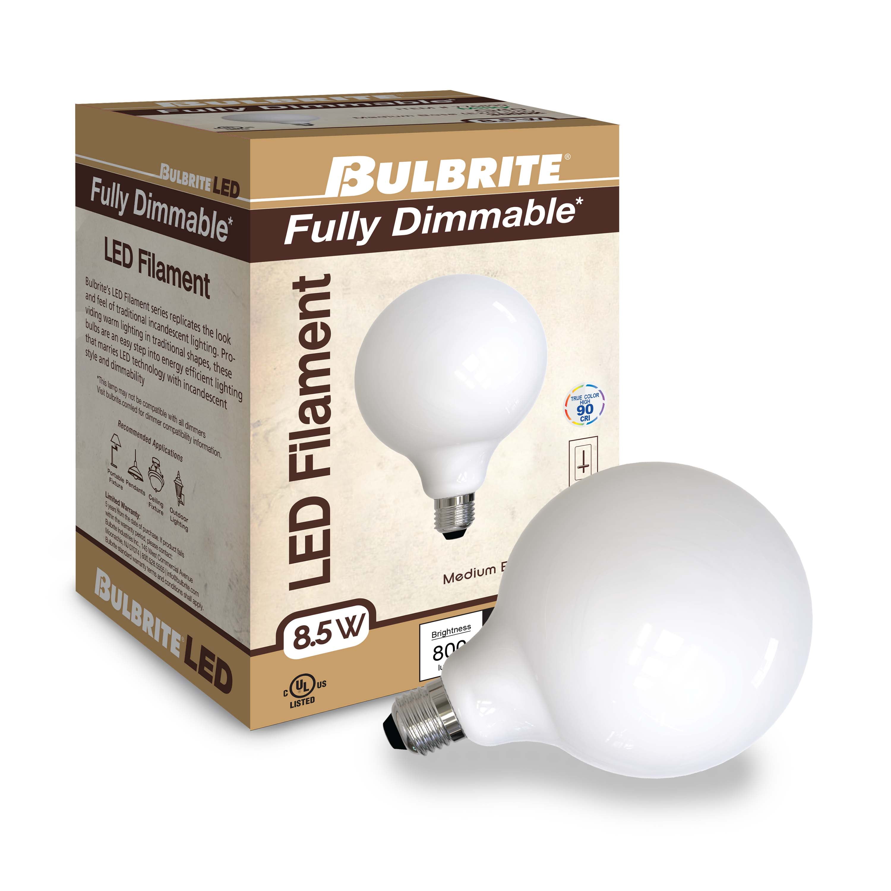 Bulbrite LED Filament Pack of (2) 8.5 Watt Dimmable G40 Light Bulbs with a Milky Finish and Medium (E26) Base - 3000K (Soft White Light), 800 Lumens