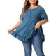 thumbnail image 1 of Camisetas de talla grande Agnes Orinda para mujeres, con cuello Henley, botones, mangas cortas y dobladillo con volantes, 4X, azul, 1 of 6