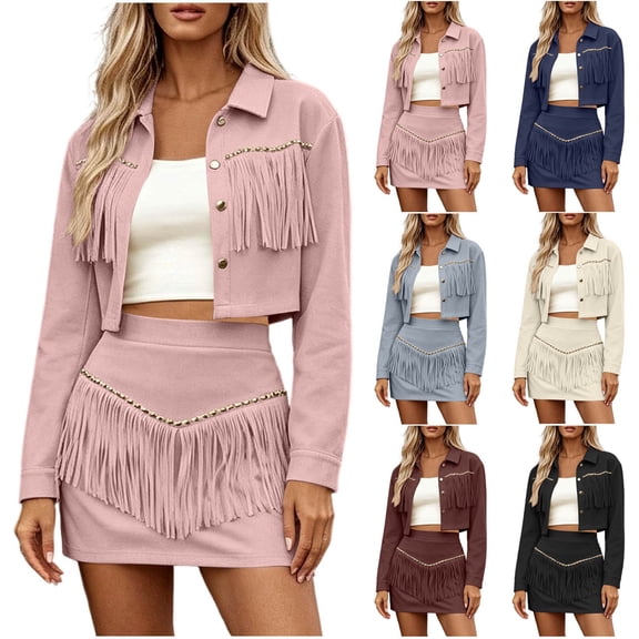 Sentmoon 2 Piece Outfits for Women Set, Fringe Western Style Top with Pants, Cowgirl Casual Suit for Party S-2XL