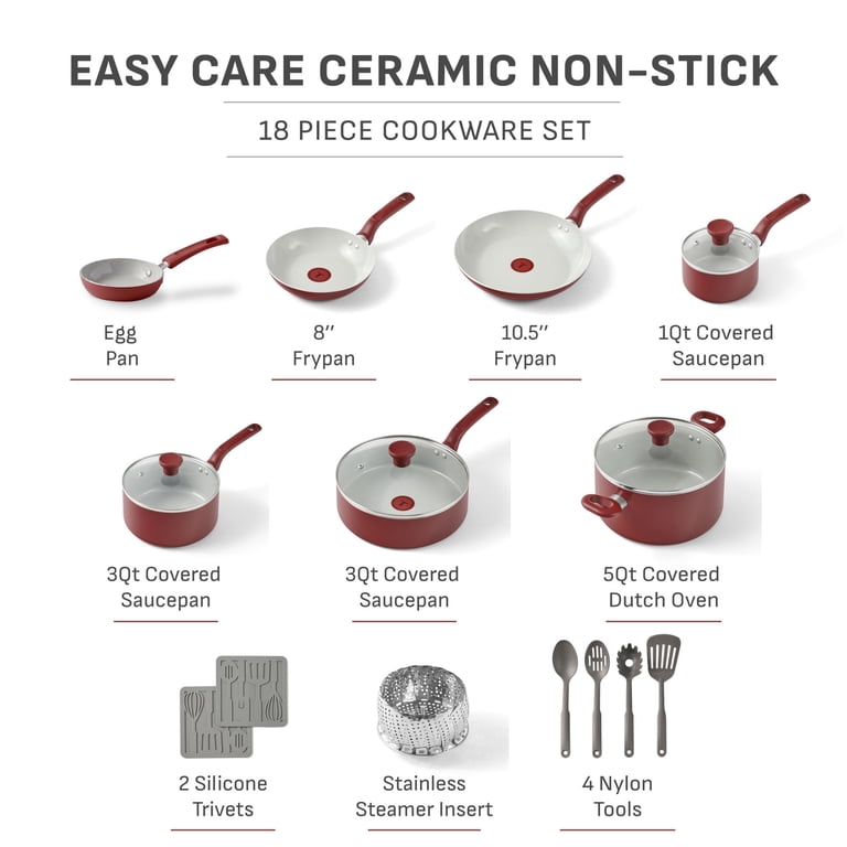 T-fal Easy Care 18 Piece Ceramic Nonstick Cookware Set, Pots and