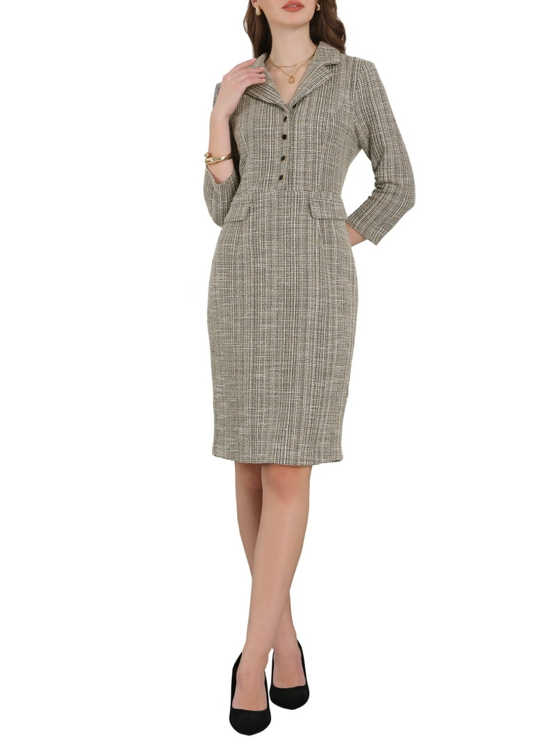 Inspire Chic Women's 3/4 Sleeve Lapel Collar Button Down Sheath Tweed Dress L 2