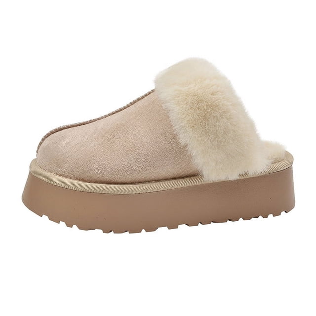 Zapatillas de felpa para mujer para uso exterior, botas de nieve integradas de piel para otoño e invierno, zapatillas de algodón con punta cerrada y forro polar de fondo grueso
