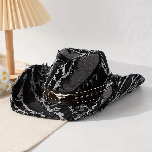 Distressed Denim Western Cowboy Hat for Men Women, Wide Brim Cowgirl Hat with Bull‑Head Studded Faux Leather Hatband, M Size 56‑58cm, Black