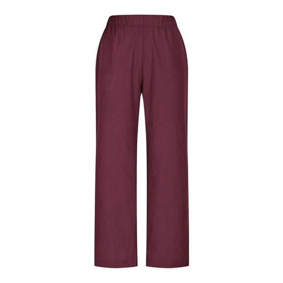 Linen Cropped Pants Women High Waisted Straight Leg Fall Pants for Seniors Casual Loose Long Trouser with Pockets