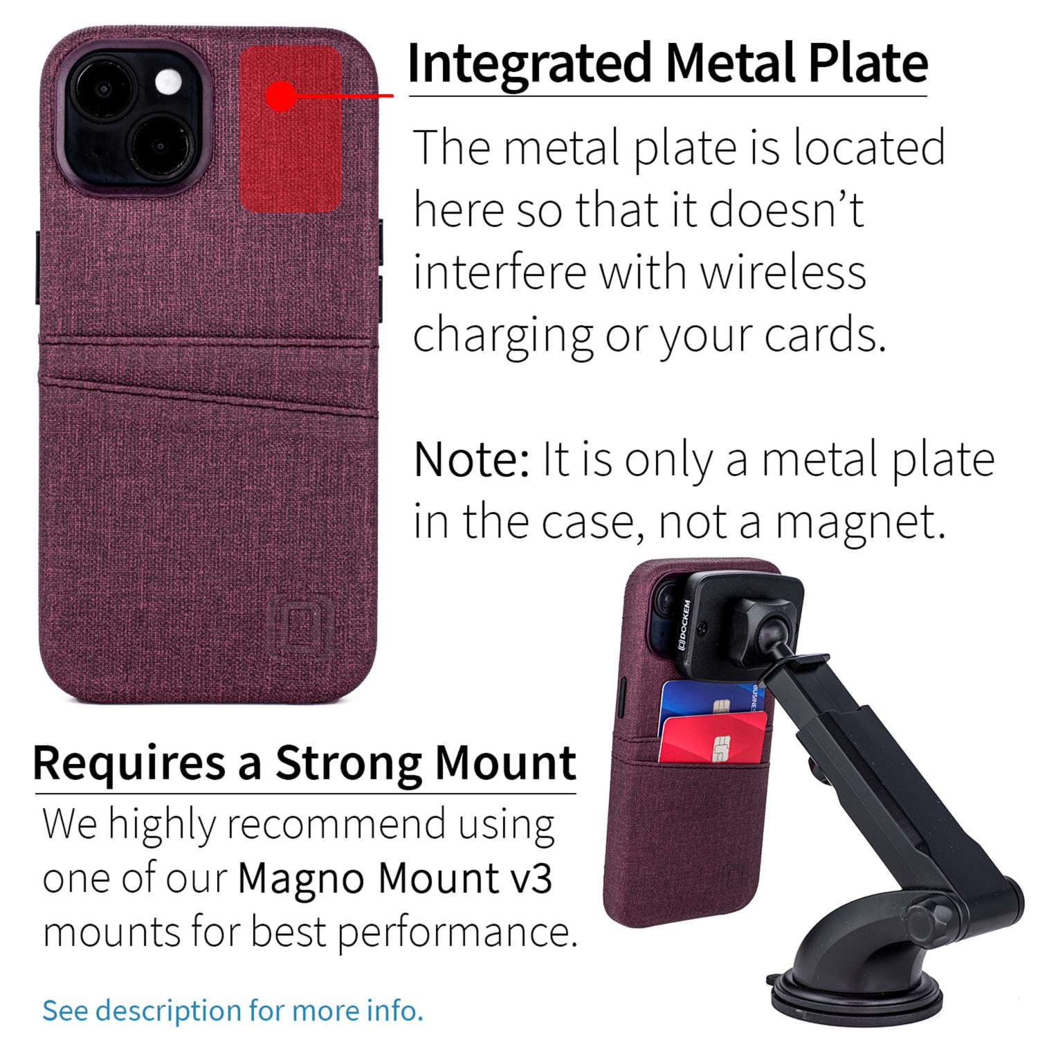 Dockem Card Case for iPhone 14 with Built-in Metal Plate for Magnetic Mounting & 2 Pockets: Luxe M2 (Burgundy)