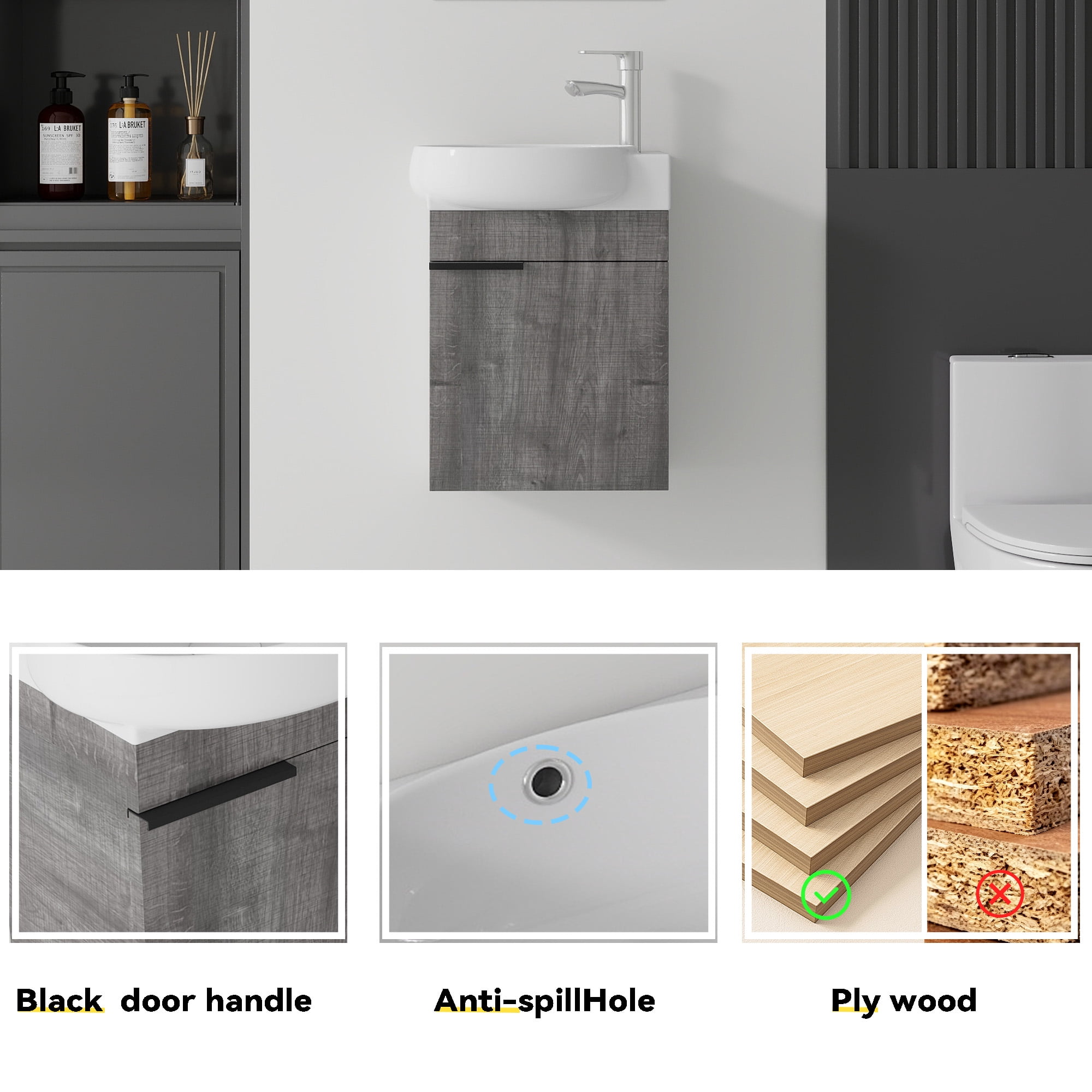 Leumius 16" Wall-Mount Bathroom Vanity Cabinet with with Ceramic Sink & Soft‑Close Doors for Small Space,Bathrooms,Grey