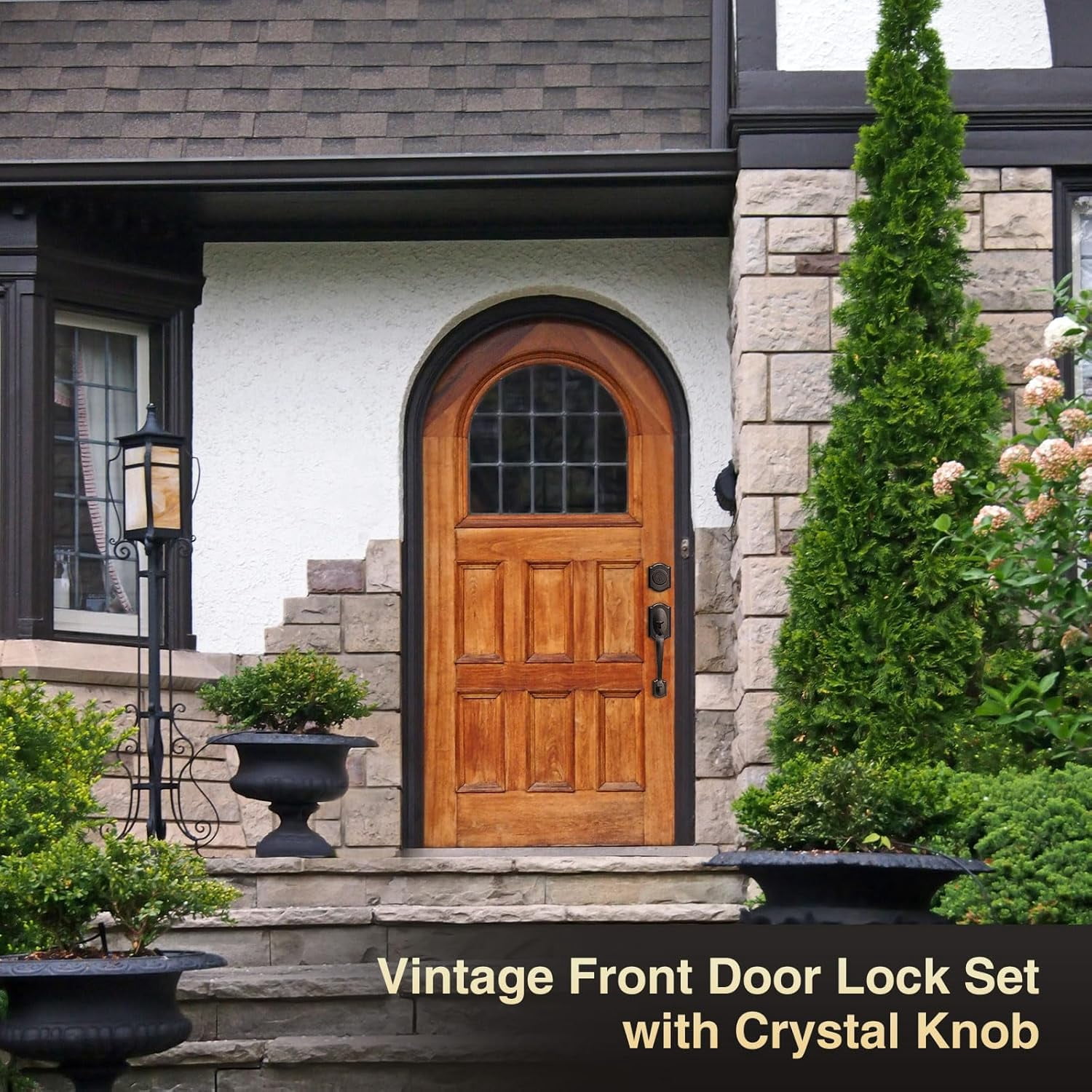 Vintage Front Door Handle and Deadbolt Set, Front Door Lock Set with Crystal Glass Door Knob, Entry Door Lock Set with Single Cylinder, Reversible for Right & Left, Oil Rubbed Bronze