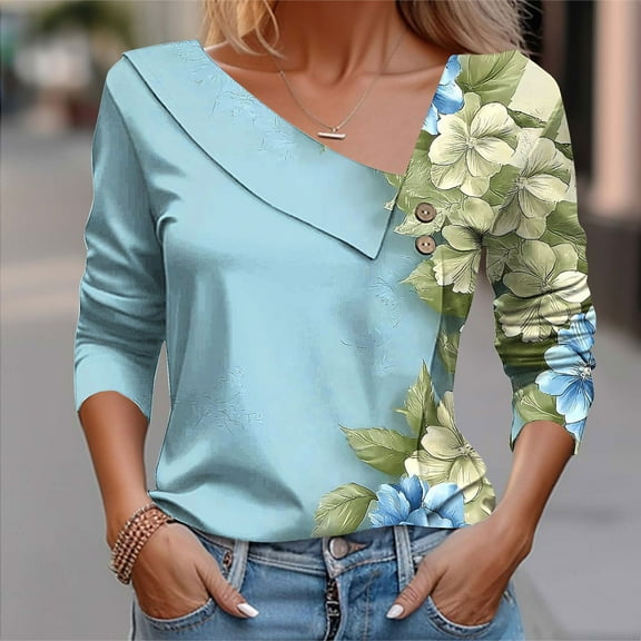 Sakmal Cute Womens Blouses Button Down Blue Shirts Floral Long Sleeve Collared Blouses for Women