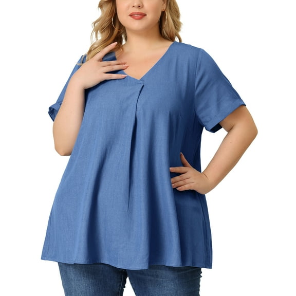 Agnes Orinda Women's Plus Blouse Casual V Neck Short Sleeve Chambray Tops
