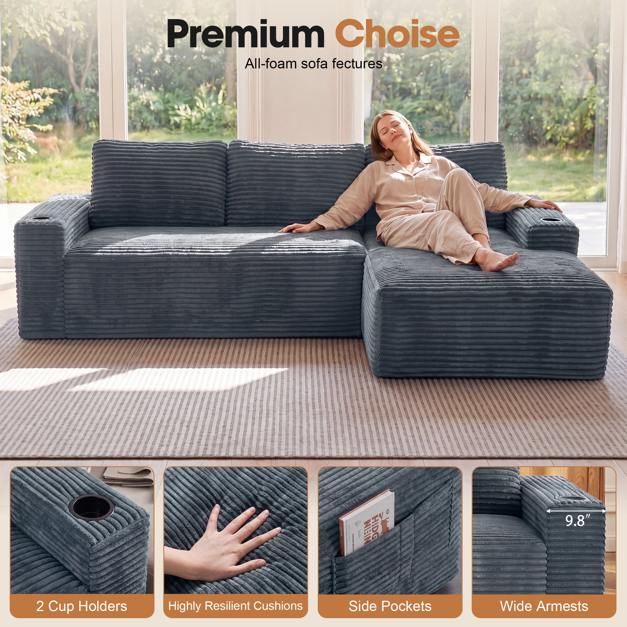 Aenkyo 104 Inch Corduroy L-Shaped Cloud Sectional Sofa with Right Facing Chaise and Cup Holders, Gray