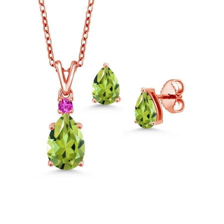 Gem Stone King 3.26 Ct Green Peridot 18K Rose Gold Plated Silver Pendant with Chain Earrings Set