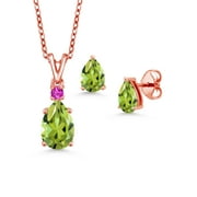 Gem Stone King 3.26 Ct Green Peridot 18K Rose Gold Plated Silver Pendant with Chain Earrings Set