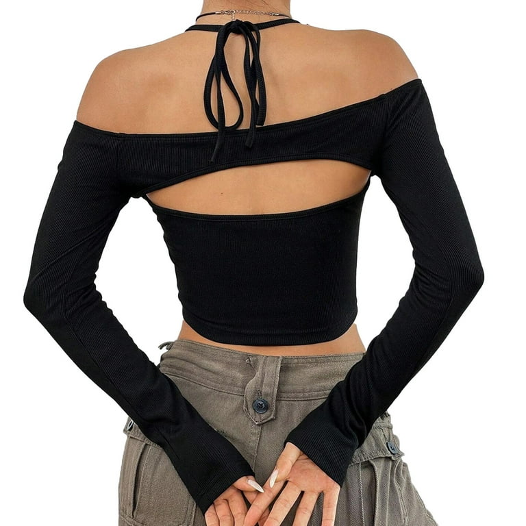 Women's Cut Out Long Sleeve Off Shoulder Halter Crop T